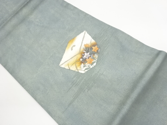 Gauze, embroidered open Nagoya obi with Chinese bellflower design in a foil box